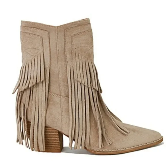 New! Fringe Tassel Faux Suede Pointy Toe Block Heel Western Booties Boots - Picture 5 of 5